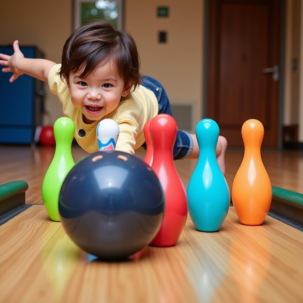 Trẻ mầm non ném bóng bowling