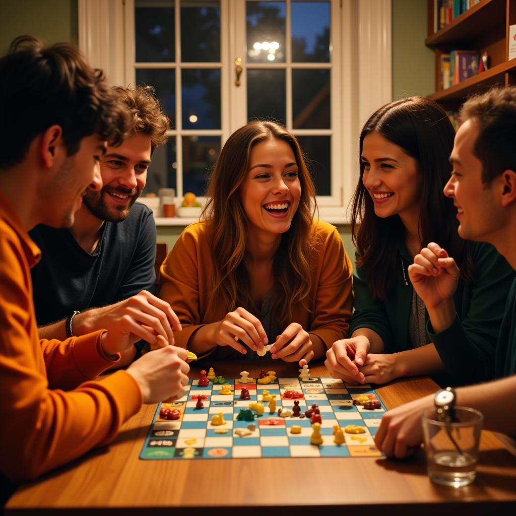 Group of friends playing board games together, laughing and having fun