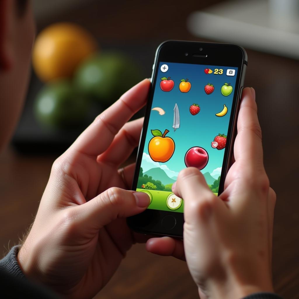 Hình ảnh người chơi game Fruit Ninja trên điện thoại