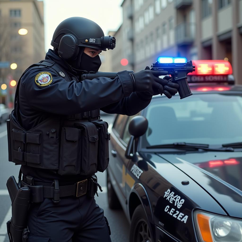 Police officer aiming a gun in a police car game