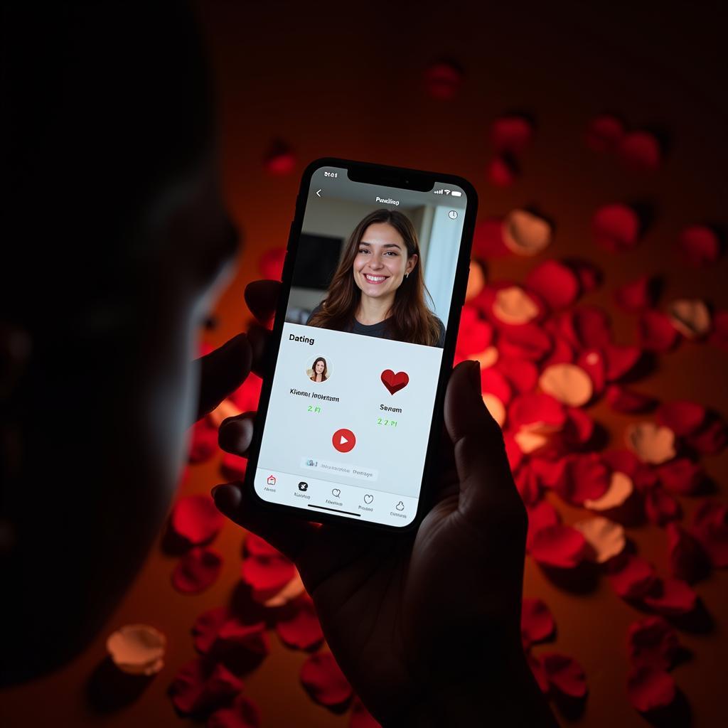 A person holding a smartphone, scrolling through a dating app. The screen displays various profiles of potential partners. The background shows a dimly lit room with scattered rose petals, hinting at a recent breakup. The image depicts the temptation to use dating apps as a means of revenge after a relationship ends.