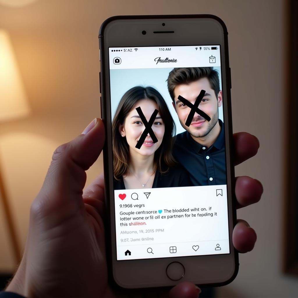 A hand holding a smartphone with a social media feed on the screen. The feed shows a photo of a couple with their faces crossed out, accompanied by a hateful caption. The image illustrates the harmful practice of publicly shaming an ex-partner on social media as a form of revenge. 