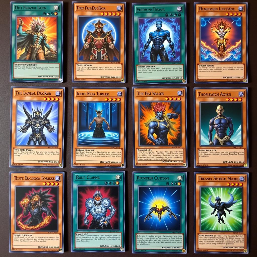 Các lá bài Yugioh được sắp xếp để minh họa cho việc xây dựng bộ bài