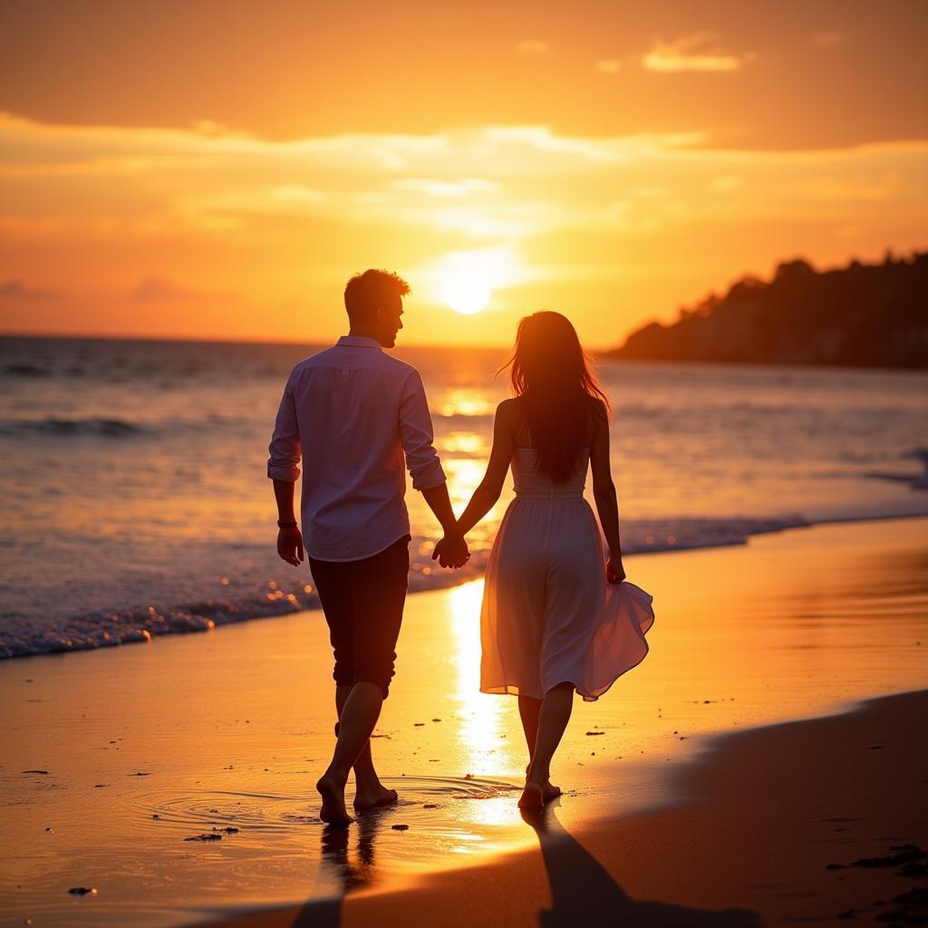 Couple holding hands while walking on the beach at sunset.