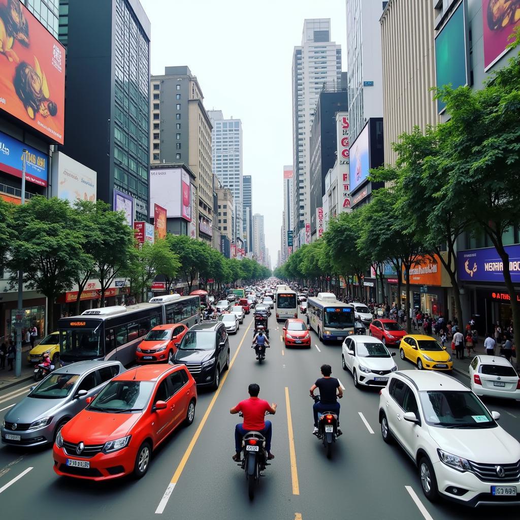 Cars and buses on a bustling city street