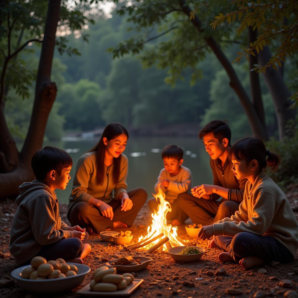 Hình ảnh gia đình sum vầy ngày Tết, cùng nhau gói bánh chưng, trò chuyện vui vẻ bên bếp lửa hồng.