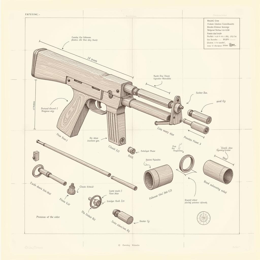 Bản vẽ chi tiết súng đồ chơi bằng gỗ với các kích thước cụ thể.