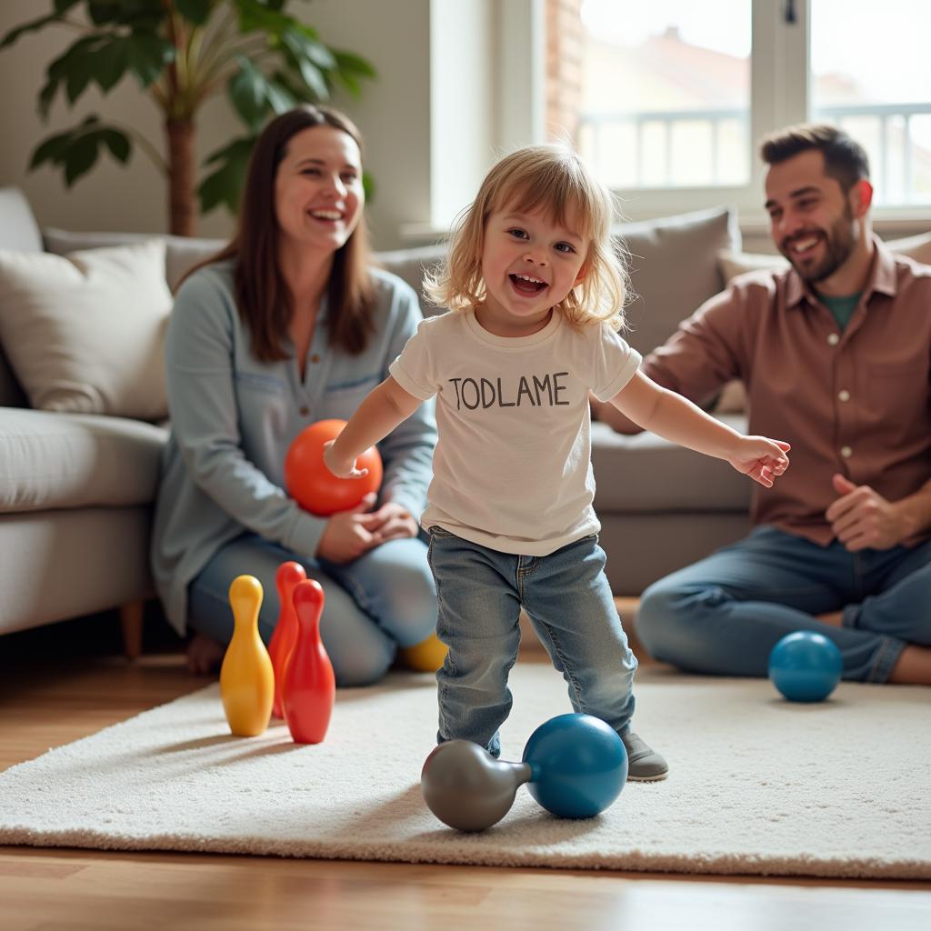 Bé chơi bộ đồ chơi bowling kid tại nhà cùng gia đình, không gian vui vẻ và an toàn