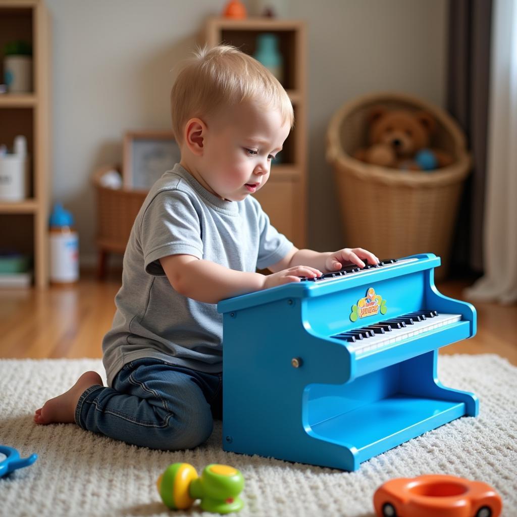 Bé trai đang chơi đàn piano đồ chơi màu xanh