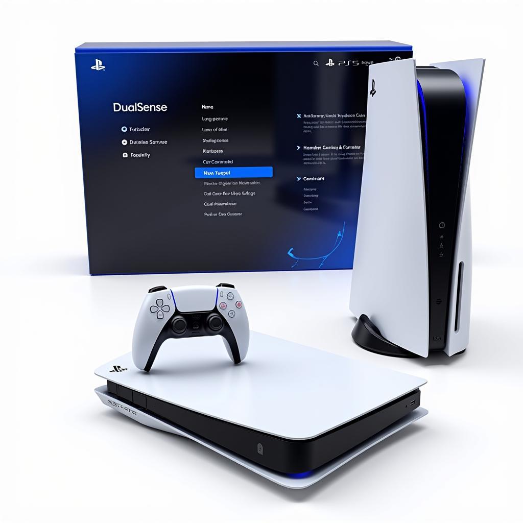 Hình ảnh bộ chơi game Playstation 5 hiện đại với tay cầm DualSense và giao diện người dùng.