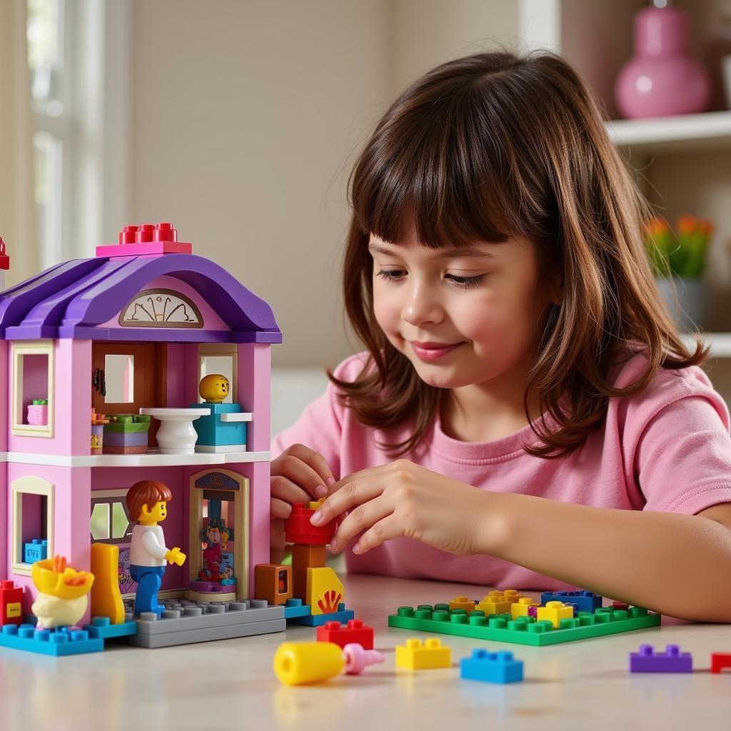 Bé gái đang chơi với bộ đồ chơi Lego Friends nhà