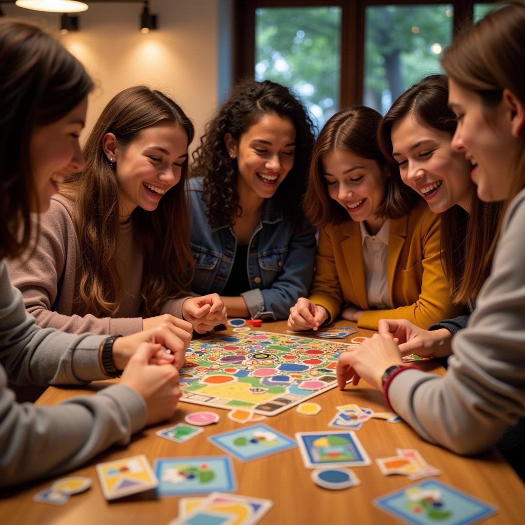 Nhóm bạn bè đang chơi board game cùng nhau, đầy hứng khởi và vui vẻ.