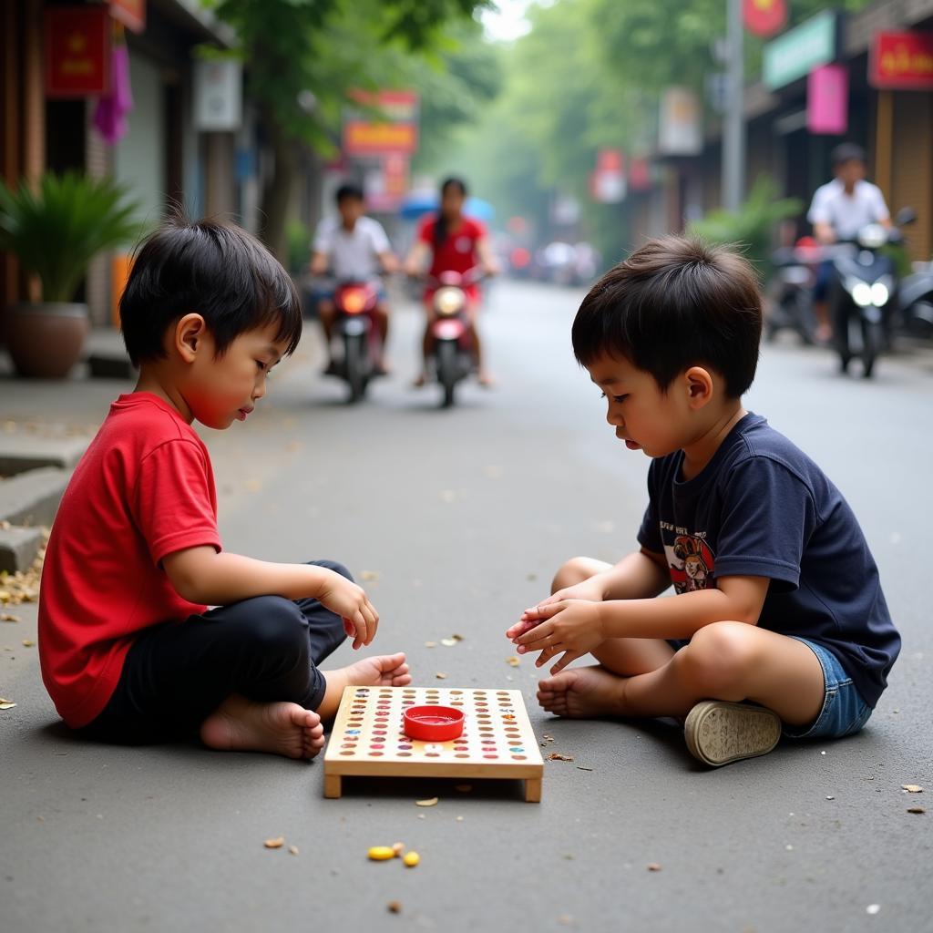 Các bé chơi ô ăn quan trên đường phố