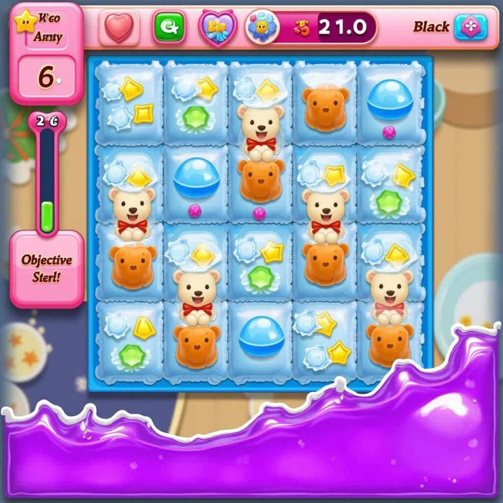 Màn chơi Candy Crush Soda với chế độ Soda Tím, chú gấu gummy bear đang chờ được giải cứu.