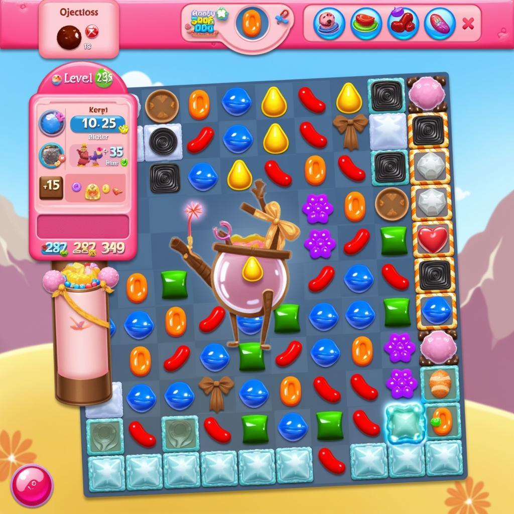 Giao diện chính trò chơi Candy Crush Soda Saga với các viên kẹo đầy màu sắc và các hiệu ứng bắt mắt.