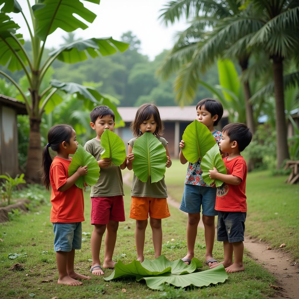 Trẻ em chơi lá đu đủ ở nông thôn