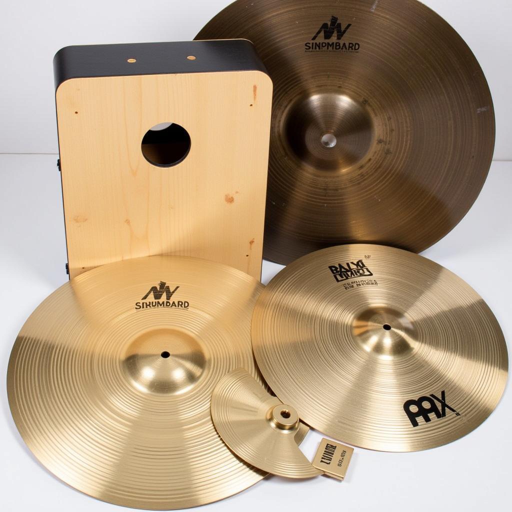 Chọn cymbal chơi cajon: Minh họa các loại cymbal phổ biến như splash, hi-hat và crash, cùng với cajon.