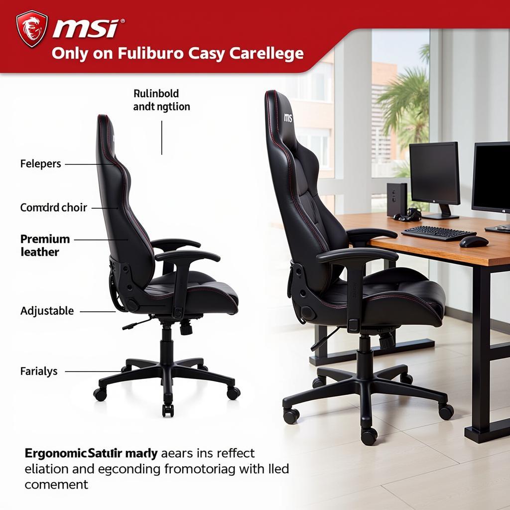 Ghế chơi game MSI ergonomic với thiết kế hỗ trợ tư thế ngồi đúng, chất liệu da cao cấp và khả năng điều chỉnh độ cao linh hoạt.