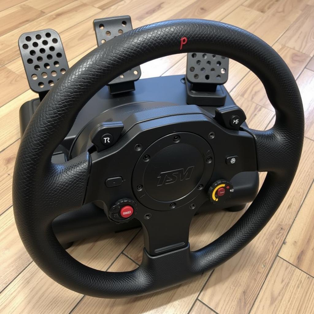 Người dùng đang kiểm tra vô lăng Thrustmaster T300RS cũ trước khi mua.