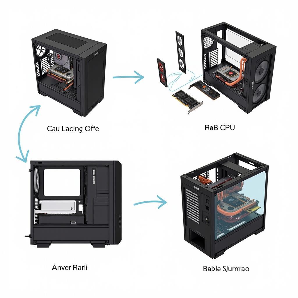 Hình ảnh minh họa quá trình lắp ráp dàn máy tính chơi game, bao gồm lắp đặt CPU, RAM, card đồ họa và các linh kiện khác.