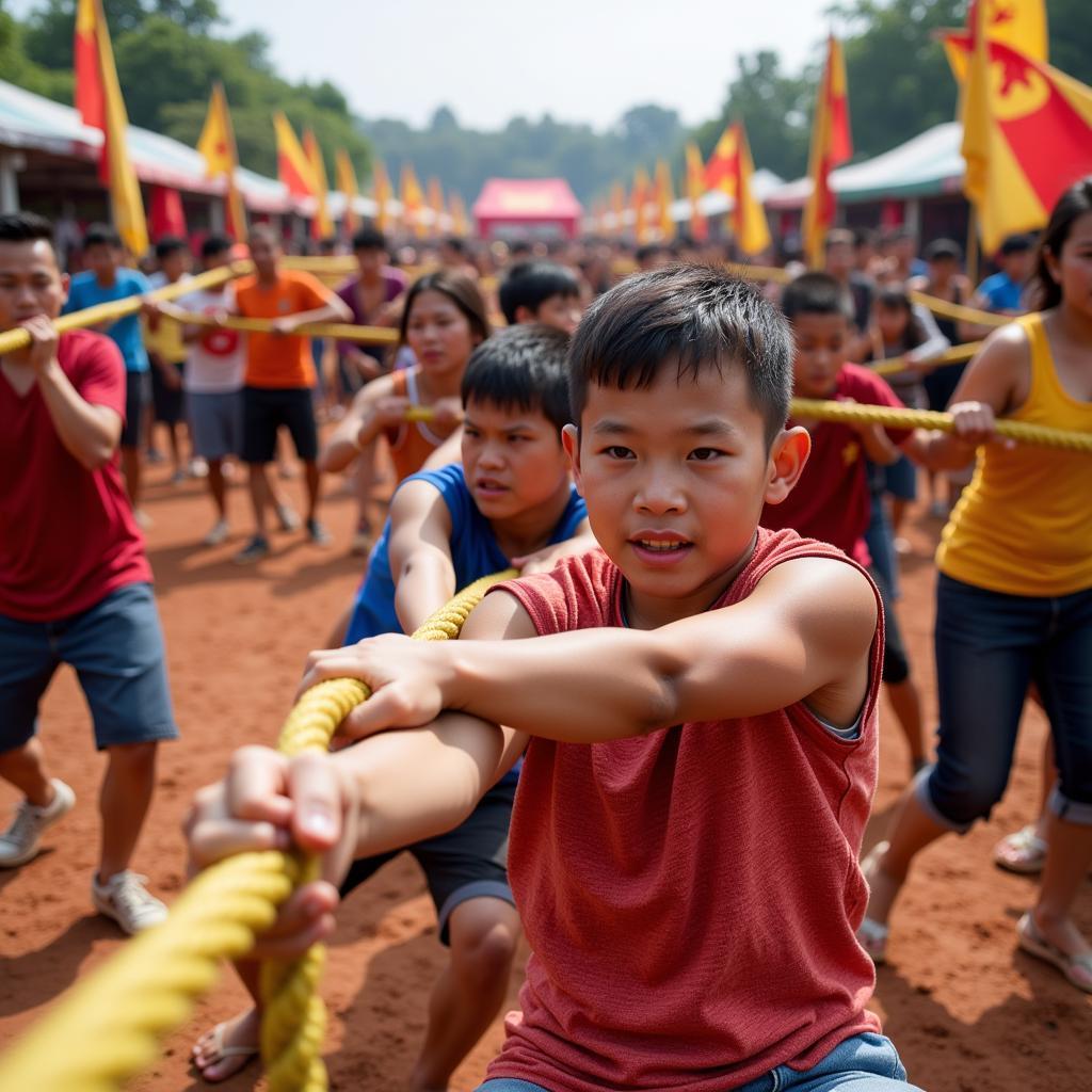 Người dân hào hứng tham gia trò chơi kéo co trong lễ hội