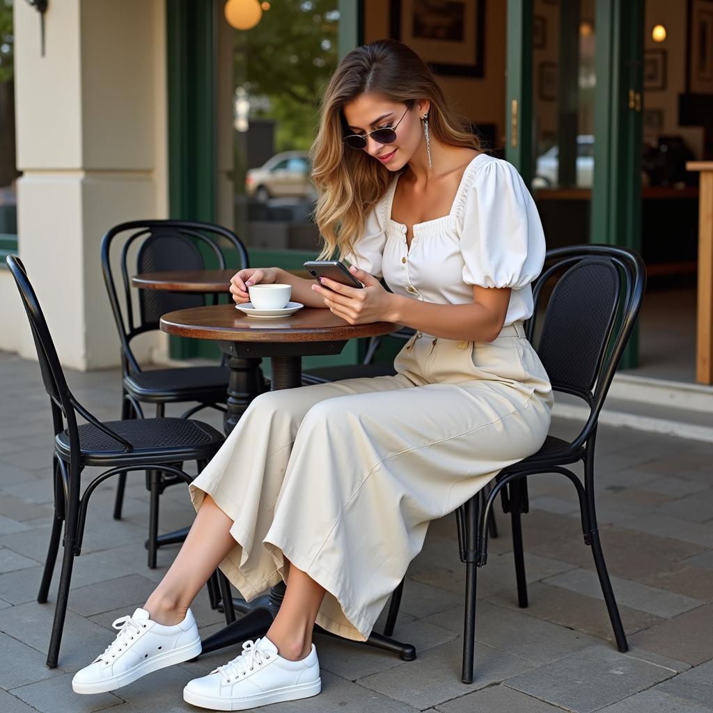 Phối đồ nữ đi cafe mùa hè: Áo croptop tay bồng kết hợp với quần culottes và giày sneaker trắng.