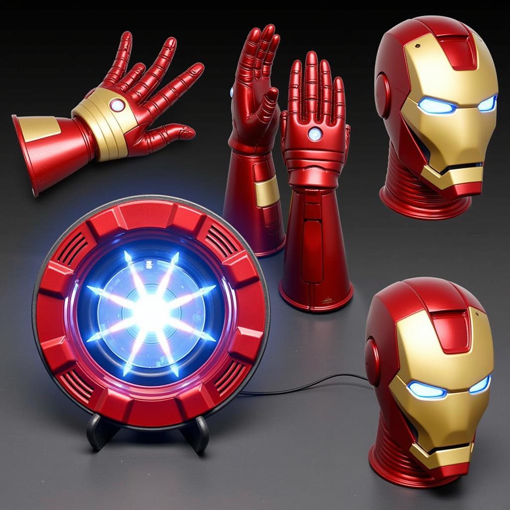 Phụ kiện Iron Man cho cosplay, bao gồm mặt nạ, găng tay và реактор, được thiết kế chi tiết và giống thật, giúp người hâm mộ hóa thân thành siêu anh hùng.