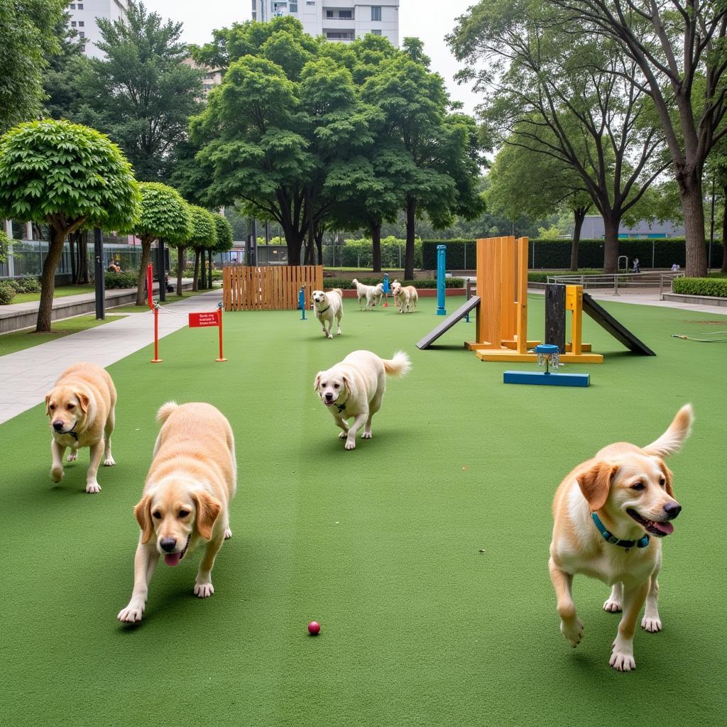 Sân chơi cho chó Hà Nội với các hoạt động vui chơi đa dạng như chạy nhảy, bắt bóng, vượt chướng ngại vật, giúp các chú cún rèn luyện thể lực và tinh thần.