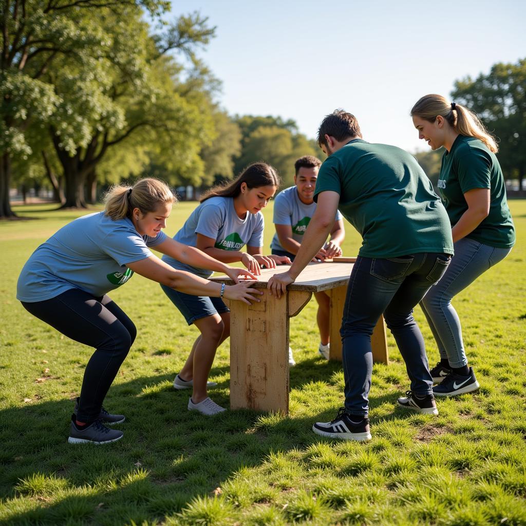 Hình ảnh nhóm người tham gia trò chơi team building ngoài trời, cùng nhau vượt qua thử thách.