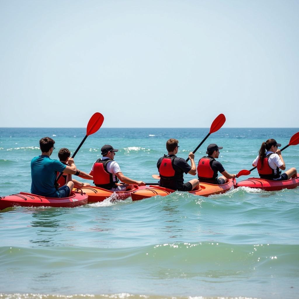 Hình ảnh nhóm người tham gia trò chơi team building trên biển, cùng nhau chèo thuyền kayak.