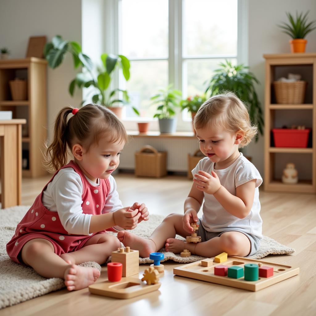 Trẻ em chơi đồ chơi Montessori trong môi trường an toàn