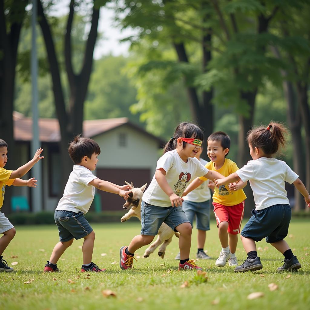 Trẻ em chơi trò chơi dân gian bịt mắt bắt dê