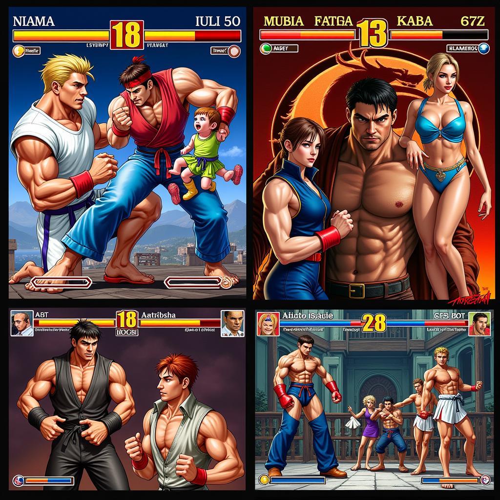 Hình ảnh các trò chơi đối kháng kinh điển như Street Fighter, Mortal Kombat, Tekken