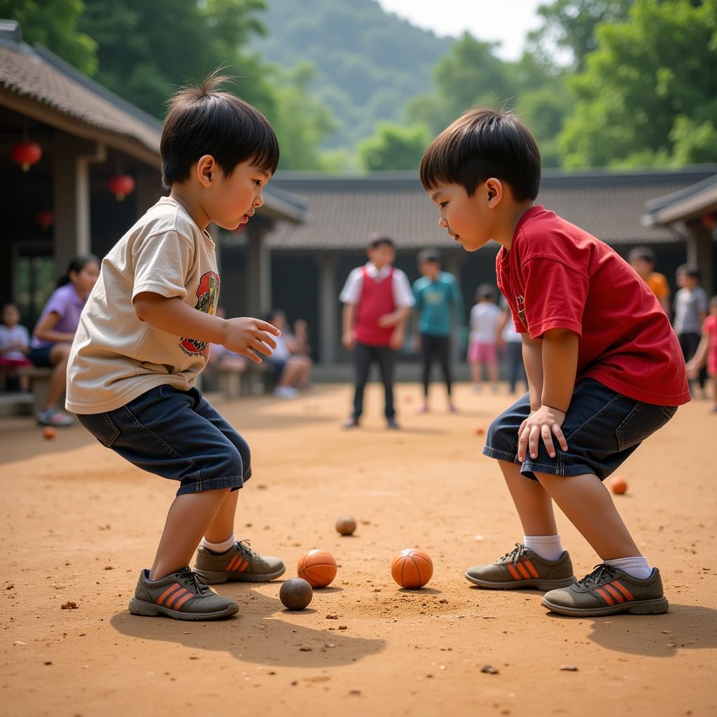 Trẻ em chơi ô ăn quan trên sân đất