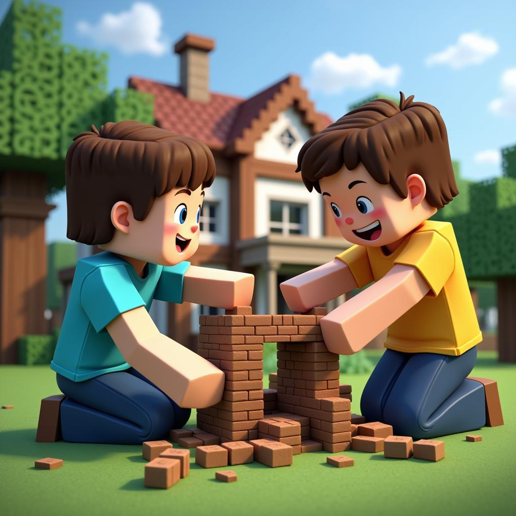 Anh trai chơi Minecraft cùng nhau: Hình ảnh hai anh em đang cùng nhau xây dựng một ngôi nhà trong Minecraft, thể hiện sự hợp tác và vui vẻ.