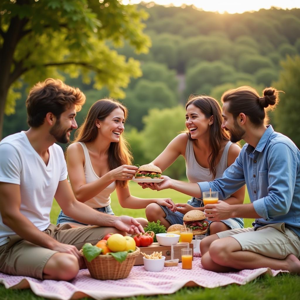 Ba cặp vợ chồng vui vẻ chuẩn bị đồ ăn cho buổi picnic ngoài trời.