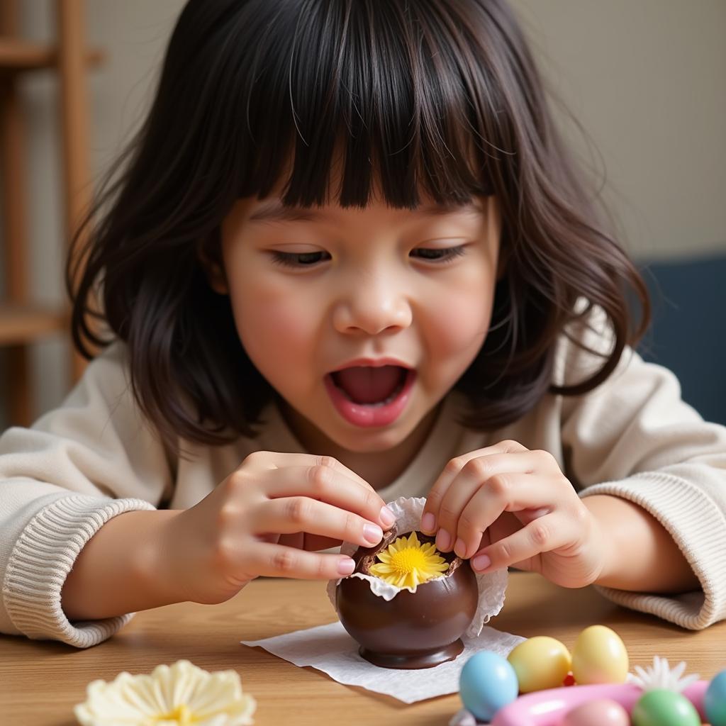 Bé Na đang bóc trứng đồ chơi chocolate với vẻ mặt hào hứng.