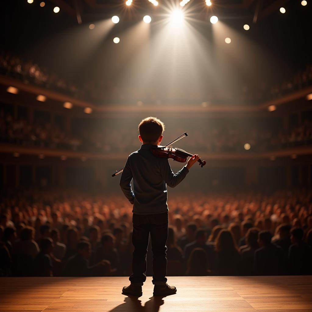 Bé trai chơi violin trên sân khấu