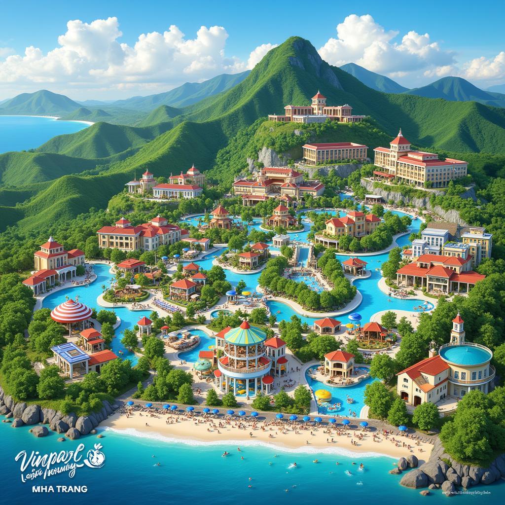 Hình ảnh các khu vực chính tại Vinpearl Land Nha Trang bao gồm công viên nước, khu trò chơi, và khu biểu diễn.