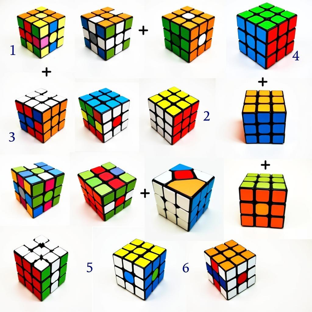 Hình ảnh tổng hợp các loại Rubik khác nhau, từ 2x2 đến 7x7, và các biến thể như Megaminx, Pyraminx.