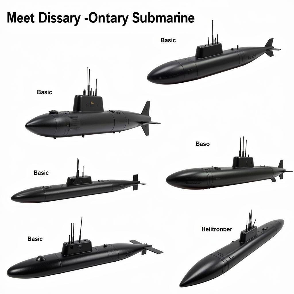 Các mẫu tàu ngầm điều khiển từ xa: Hình ảnh minh họa nhiều mẫu tàu ngầm khác nhau với kiểu dáng và tính năng đa dạng