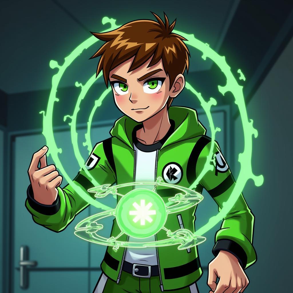 Ben 10 activating the Omnitrix to transform into an alien.