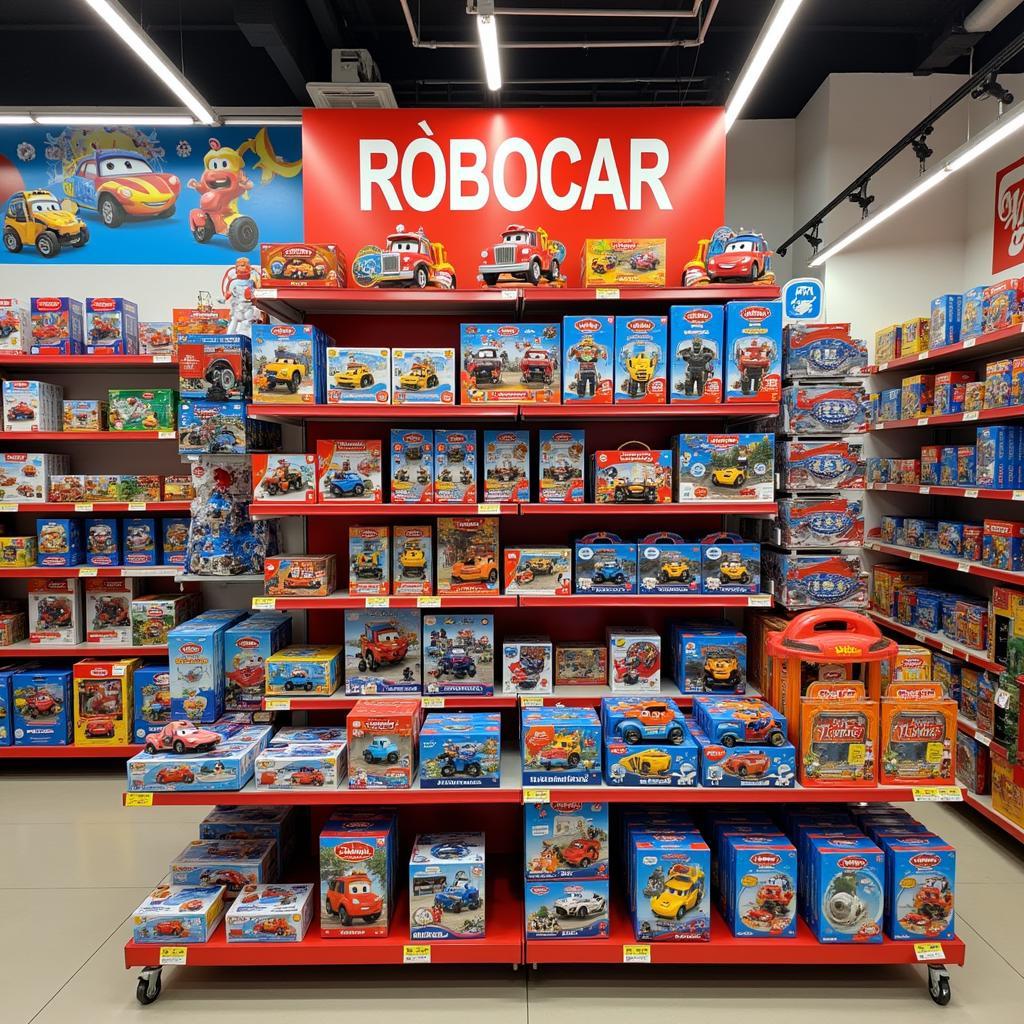 Cửa hàng đồ chơi Robocar Poli tại Hà Nội: Hình ảnh một cửa hàng đồ chơi tại Hà Nội trưng bày đầy đủ các loại đồ chơi Robocar Poli, tạo nên một không gian mua sắm thú vị cho các bé.