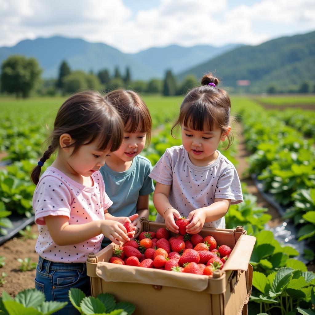 Gia đình cùng nhau trải nghiệm hái dâu tây tại vườn dâu tây Đà Lạt.