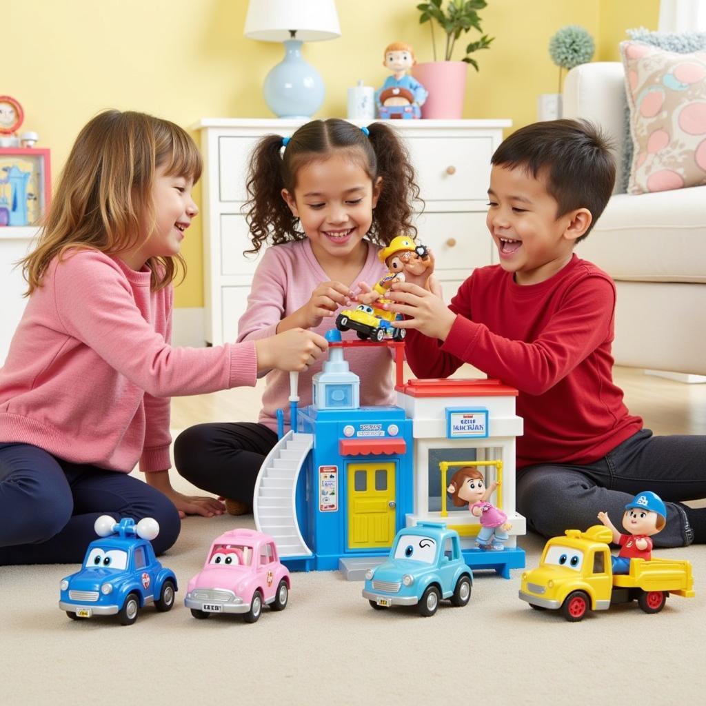 Đồ chơi Robocar Poli tại Hà Nội: Hình ảnh các bé đang vui chơi với bộ đồ chơi Robocar Poli, bao gồm xe Poli, Amber, Roy và Helly cùng với trạm cứu hộ.