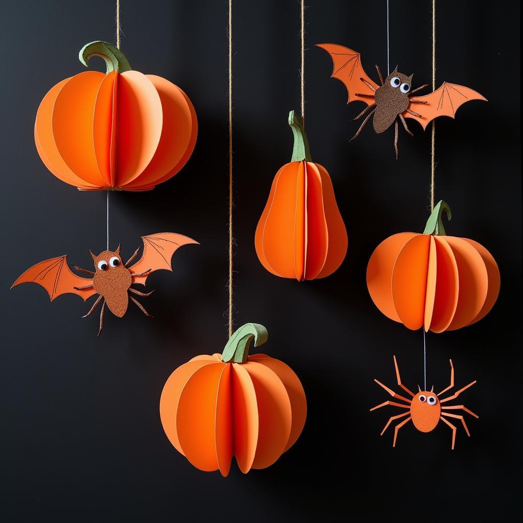 Đồ handmade Halloween sáng tạo với hình ảnh đèn bí ngô, dơi, nhện làm từ giấy