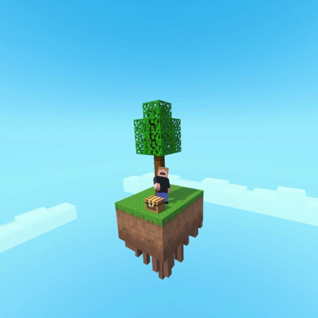 Khởi đầu trên Skyblock Server: Người chơi đứng trên một hòn đảo nhỏ với một cái cây và một rương