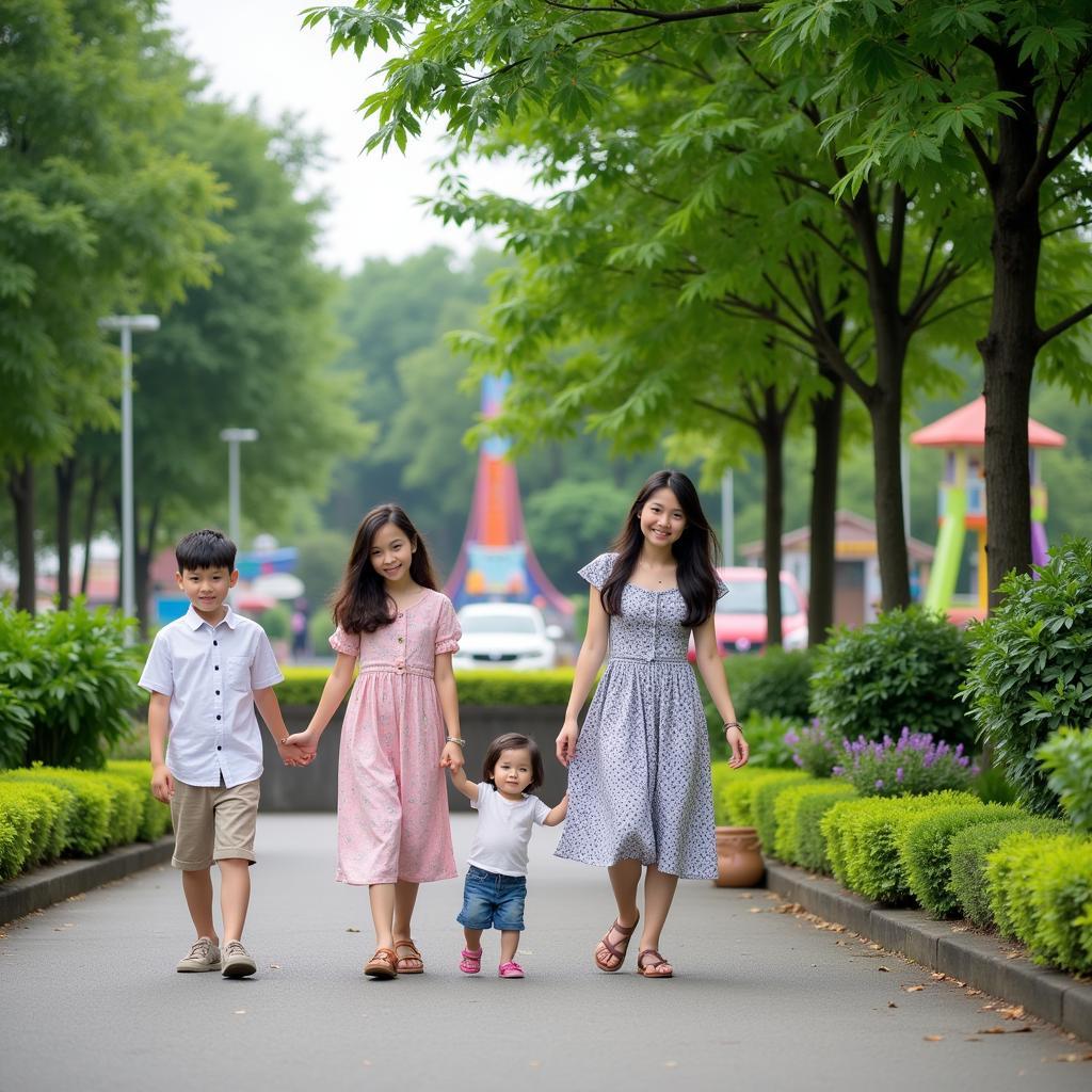 Khu vui chơi gia đình gần Hà Nội: Hình ảnh gia đình đang vui chơi tại một khu vui chơi giải trí gần Hà Nội, với các trò chơi đa dạng và không gian xanh mát.