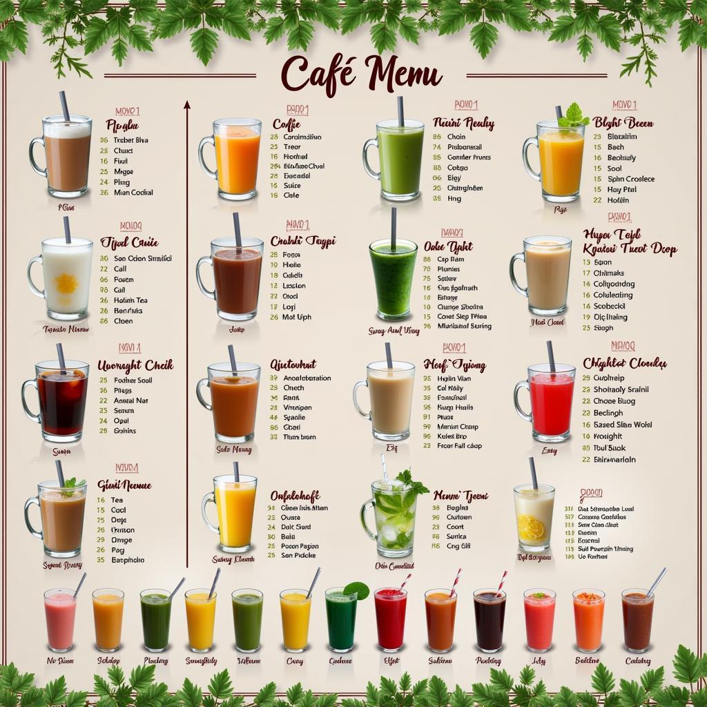 Menu đồ uống đa dạng tại một quán cafe ở Tân Phú