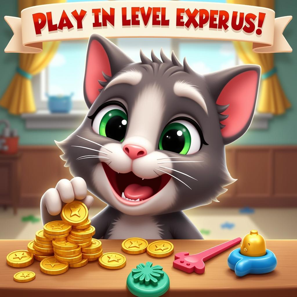 Mẹo lên cấp nhanh trong My Talking Tom: Hình ảnh minh họa chú mèo Tom đang vui chơi với các món đồ chơi và nhận được vàng và kinh nghiệm.